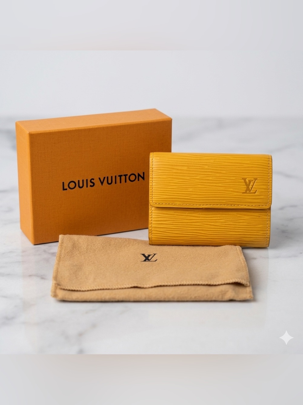 VTG Louis Vuitton Yellow Epi Leather Portefeuille Sanpur Coin Wallet - Full Set